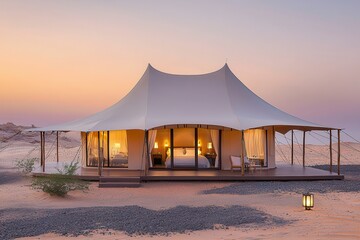 Luxury camping tent comfort stay Luxury tent in a desert landscape during sunset.