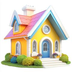 Colorful Cottage with Vibrant Roof and Lush Garden Landscape