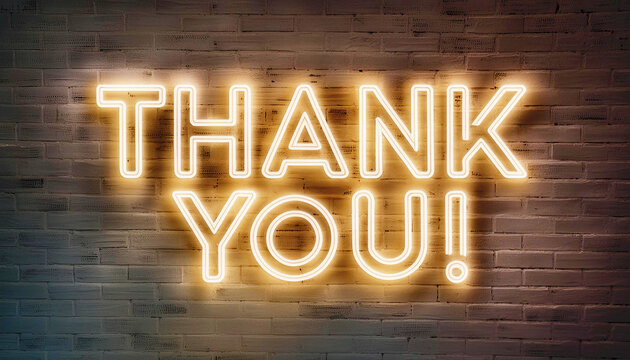 Thank You-neon text sign, brick wall background. AI - Powered by Adobe