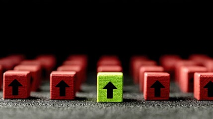 A row of red blocks with black upward arrows, distinguished by a single green block among them. Symbolizes standing out or leadership