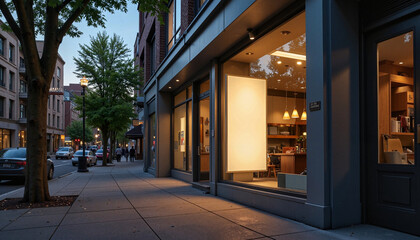 Urban street view showcasing a modern shop at dusk  