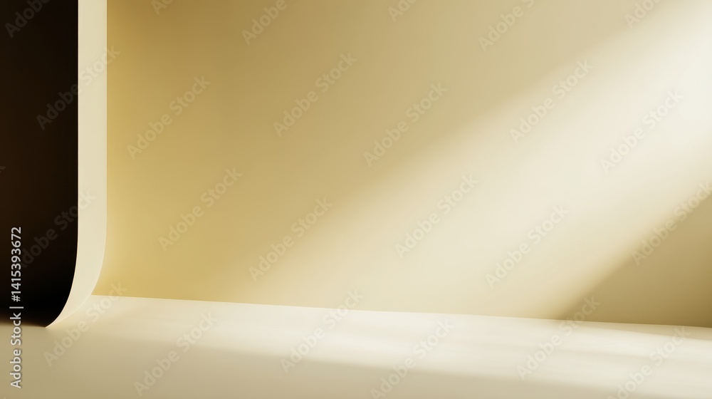 Poster soft light illuminating a minimalist interior with curved edges and subtle shadows