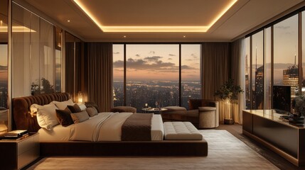 Fototapeta premium Modern luxury bedroom with city skyline at sunset
