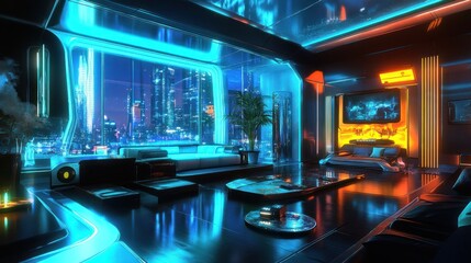 Futuristic Living Room with Neon Lights and Cityscape View at Night