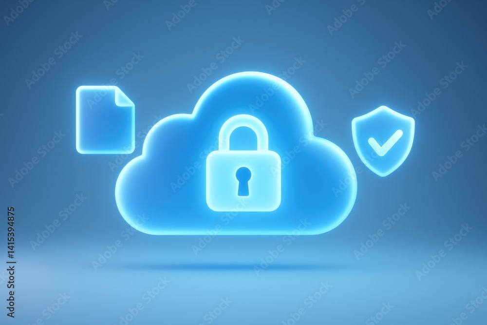 Poster cloud security: a digital artwork showcasing data protection with a luminous cloud icon, a secure lo