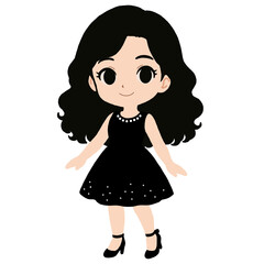Elegant Chibi Girl in Black Dress with Curls and Heels | Cute Fashion Character Illustration