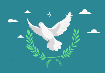 Flying dove, symbol of peace and love, a vector bird silhouette with wings against the sky