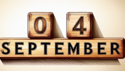 Illustration of wooden blocks with date 4 September. Day and month, simple calendar