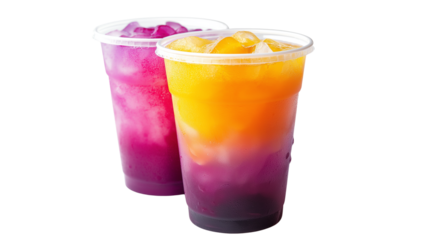 Iced tropical fruit punch in transparent to-go cup with vibrant layers, summer drink on white, PNG