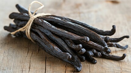 Dark, rich vanilla beans tied together on a rustic wooden surface.