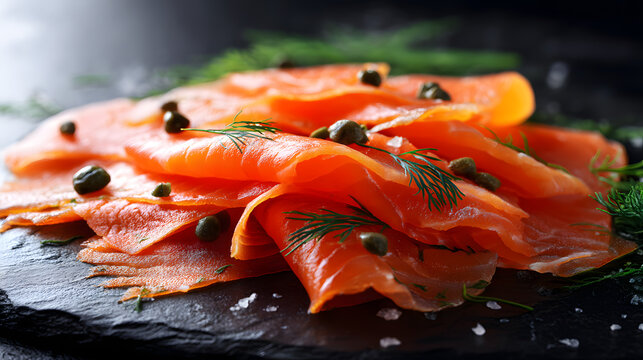 Savory Delicate Smoked Salmon Lox Slices with Fresh Dill and Capers on Black Slate Background