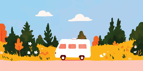 A vintage camper van meanders through a picturesque countryside landscape, evoking a sense of carefree adventure and exploration.