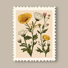Obraz premium A vintage-inspired illustration of colorful wildflowers, featuring yellow and white blossoms, set against a soft background.
