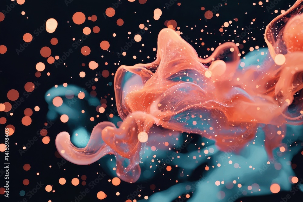 Poster vibrant abstract illustration with flowing colors, bubbles, and a dynamic artistic design, creating 