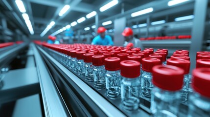 Obraz premium Medical vials on conveyor belt in pharmaceutical facility industrial production close-up perspective for quality control