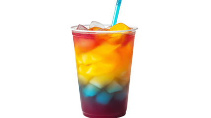 Iced tropical fruit punch in transparent to-go cup with vibrant layers, summer drink on white, PNG