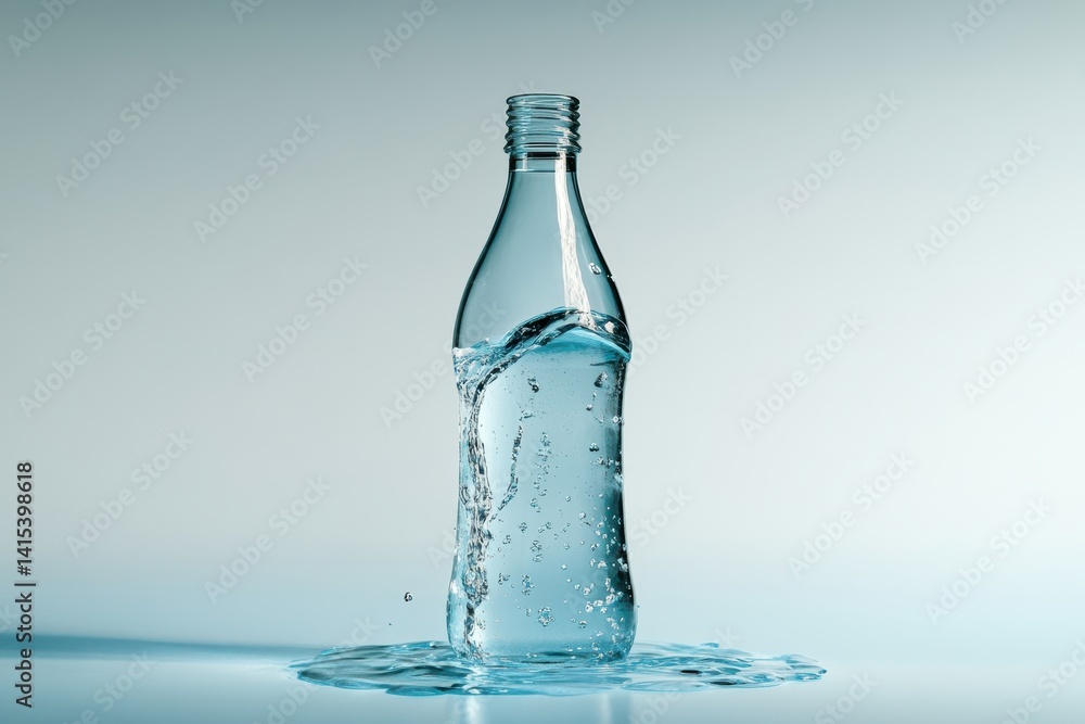 Aufkleber water splashing around a clear bottle against a muted background in a studio setting