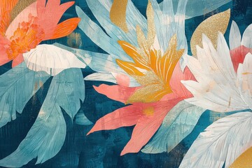 Vibrant Abstract Floral Art with Bright Colors and Golden Accents