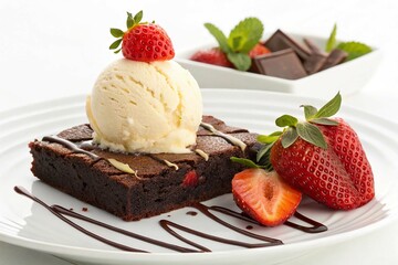 Vanilla ice cream with chocolate brownie cake with strawberry on white background