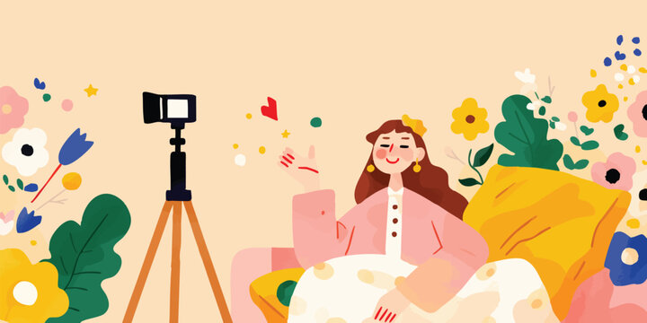 A cheerful woman vlogger livestreams her thoughts and experiences, creating an intimate connection with her audience amidst a floral backdrop.