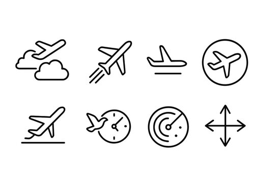 outline vector icons of sky travel icons: flying clouds, jet trail, plane in circle, departure icon, arrival time, bird near plane, radar sweep, directional arrows. set of line style icons in a