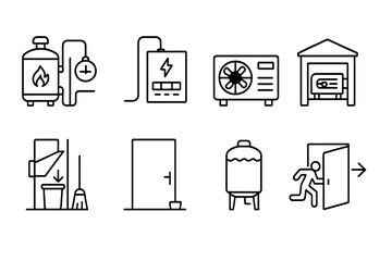 outline vector icons of building utility areas: boiler room, electrical room, HVAC unit, generator shed, garbage chute, maintenance closet, water tank, fire exit. set of line style icons in a modern,