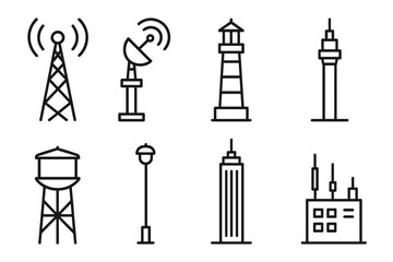 Fototapeta premium outline vector icons of vertical infrastructure: communication tower, radio antenna, lighthouse, observation tower, water tower, high mast, skyscraper, telecom hub. set of line style icons in a