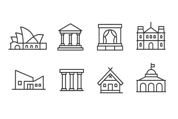 outline vector icons of cultural buildings: opera house, art museum, national theatre, city gallery, cultural center, heritage site, folk museum, performance venue. ine style icons in a modern,