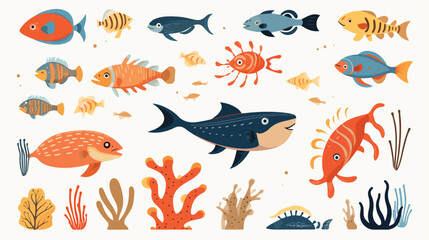 Naklejka premium Adorable Safari Animals in Jungle - Crab, Fish, Shrimp