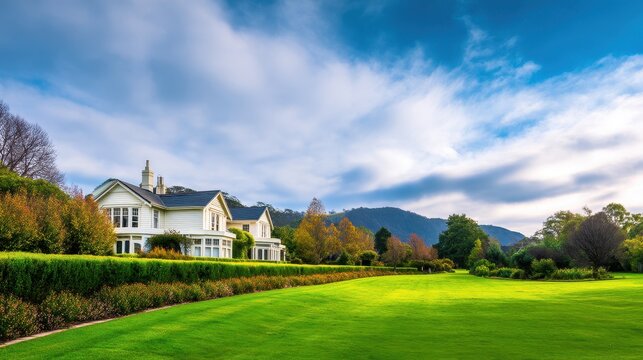 Scenic view of a lush green lawn with a beautiful house against a mountainous backdrop