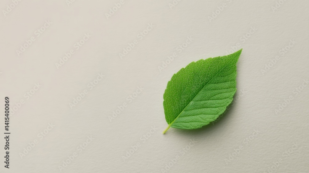 Poster minimalist image captures single green leaf contrasted against clean neutral background symbolizing 