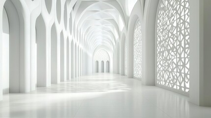 Fototapeta premium Serene White Corridor with Islamic Architectural Details.