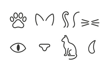 outline vector icons of cat anatomy: paw print, ear shape, tail types, whiskers, cat eye, nose triangle, body outline, claw shape. set of line style icons in a modern, minimalist design.