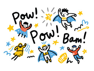 Seamless Superhero Doodle Pattern – Hand-Drawn Heroic Figures, Masked Illustrations