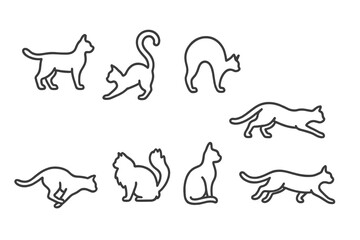 outline vector icons of cat silhouettes: full-body silhouette, curled tail, arched back, stalking form, pouncing outline, fluffy shape, sitting profile, running shape. set of line style icons in a