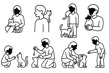 Linear icons set: daily interactions with cats - simple and charming line art
