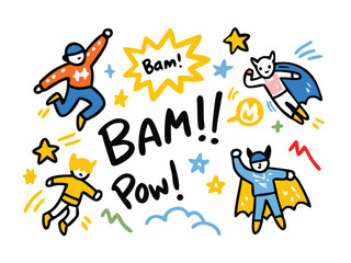 Seamless Superhero Doodle Pattern – Hand-Drawn Heroic Figures, Masked Illustrations