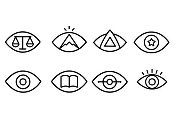 outline vector icons of metaphorical eyes: justice eye, visionary icon, all-seeing symbol, honest eye, clear view, wisdom gaze, balanced sight, eye of perception. set of line style icons in a modern,