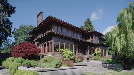 Beautiful modern wooden house surrounded by lush greenery and vibrant plants under a clear blue sky