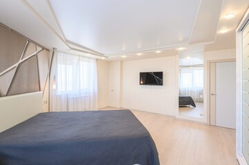 interior room apartment bedroom with bed, cozy place to sleep and relax