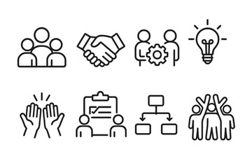 outline vector icons of office teamwork: group of people, handshake, collaboration icon, idea bulb, high five, shared task, workflow, team building. ine style icons in a modern, minimalist design.