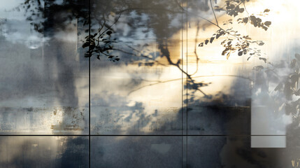 Soft botanical shadows fall across a reflective glass surface at sunset, creating a tranquil and abstract background perfect for nature-inspired or wellness-themed visual content.