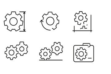 outline vector icons of mechanical engineering symbols: torque icon, rotational force, gear pair, angular velocity, moment arm, load path, drive chain, force arrow. set of line style icons in a