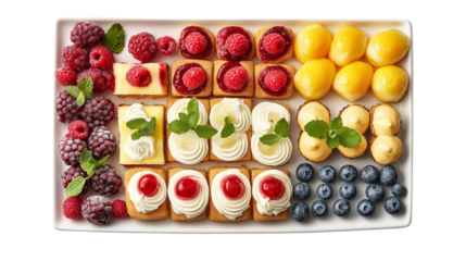 Flat lay of summer dessert platter: lemon bars, fruit tartlets, berry mousse, all beautifully arranged on white background, PNG format