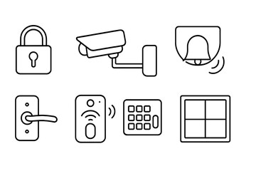 outline vector icons of smart home devices: smart thermostat, smart light, smart speaker, security camera, smart lock, motion sensor, doorbell camera, voice assistant., set of line style icons in a