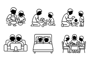 outline vector icons of child/parent profiles: family icon, parent tag, child icon, age tag, guardian info, school name, profile category, activity log. set of line style icons in a modern,