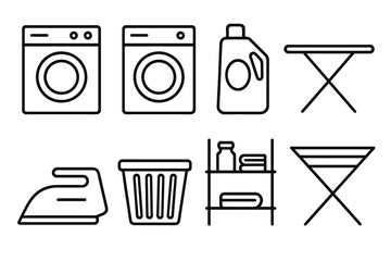 outline vector icons of laundry room: washer, dryer, laundry basket, detergent, drying rack, ironing board, iron, fabric softener. set of line style icons in a modern, minimalist design.