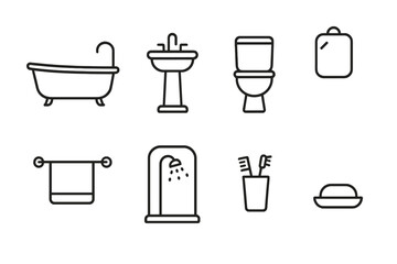 outline vector icons of dream home features: swimming pool, walk-in closet, big kitchen, fireplace, home theater, garden, panoramic windows, spacious bathroom. set of line style icons in a modern,