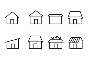 outline vector icons of home exterior: house facade, front door, garage, mailbox, roof, chimney, fence, garden path. set of line style icons in a modern, minimalist design.