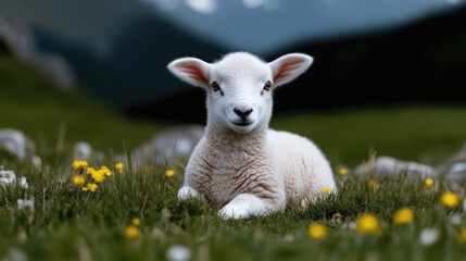 Fototapeta premium Cute lamb resting in a grassy field